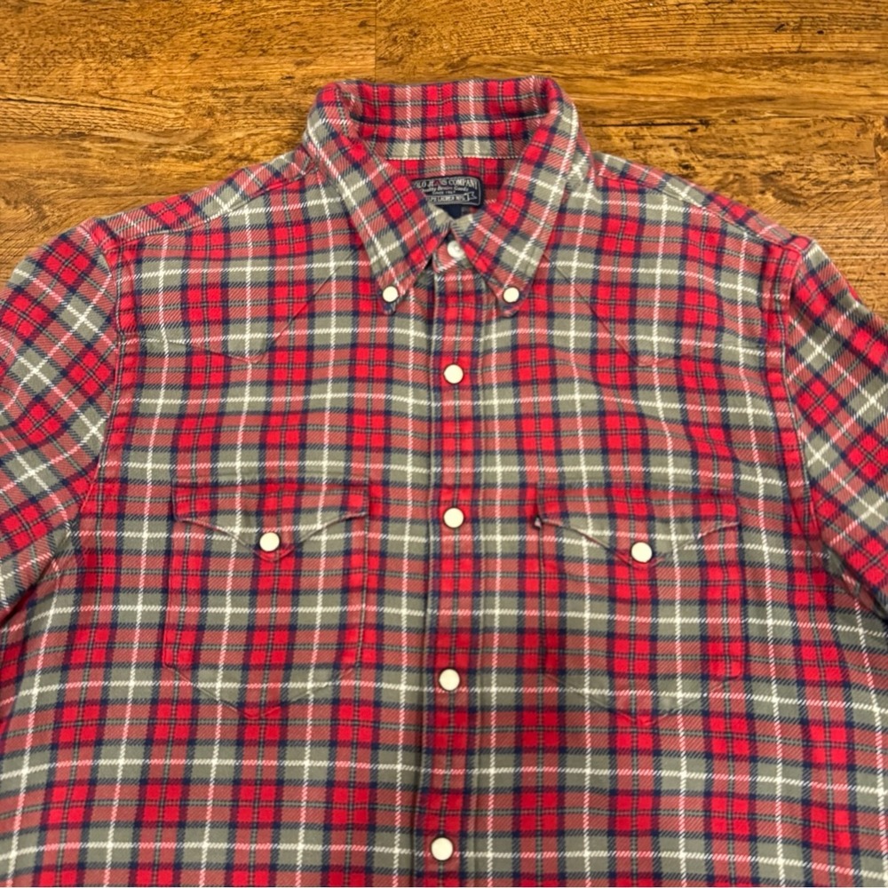 VTG Polo Jeans Co. Ralph Lauren Red Plaid Western Cowboy Pearl Snap Shirt Men L
